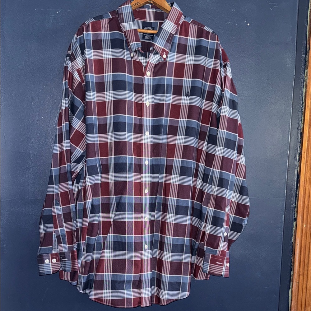 Brooks Brothers Men's Plaid Shirt - Burgundy and Navy